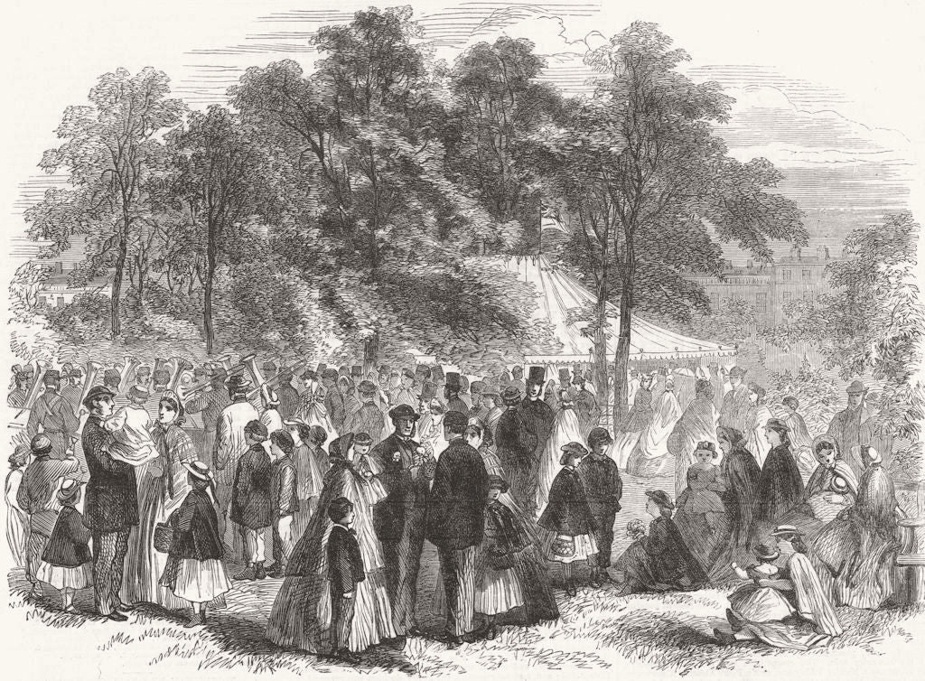 LONDON. Bloomsbury flower show, Russell Sq inclosure 1864 old antique print